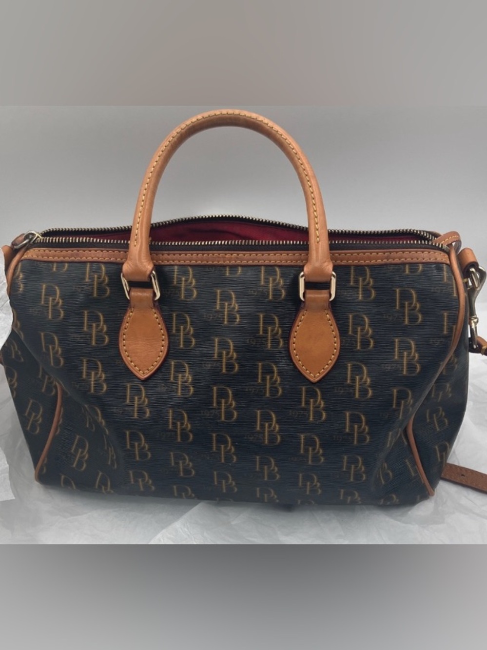 Dooney & Bourke Navy and Tan Monogram Satchel